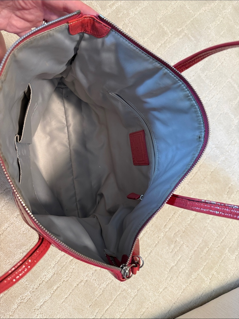 Coach Red Patent Leather Tote with Embossed Signature Circle - Picture 3 of 13
